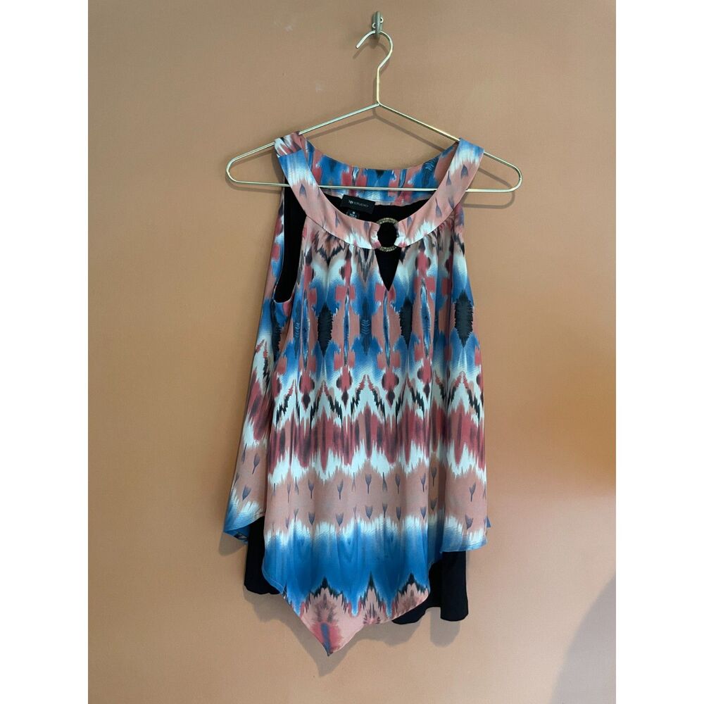 AB Studio Layered Tunic Top Medium Pink Blue Ikat Print Asymmetrical Boho Blouse